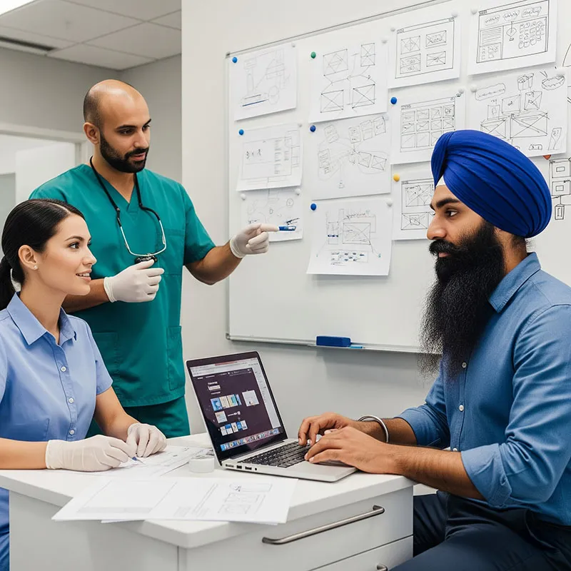 Clinic staff reviewing the finished page designs before launch