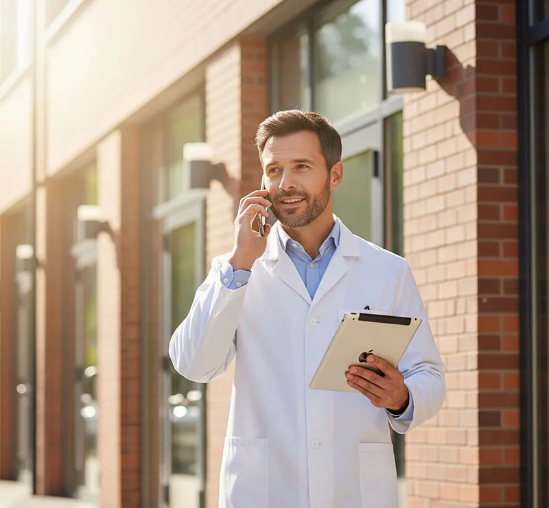 A clinician taking a call outside their practice