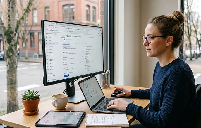 A marketing specialist optimising a clinic's Google Business Profile dashboard