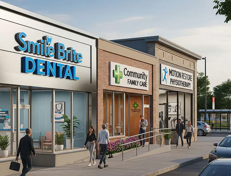 A row of neighbourhood healthcare clinics — dental, family care and physiotherapy