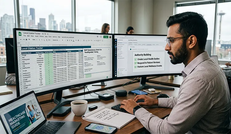 A specialist checking NAP consistency across healthcare directory listings in a citation tracker