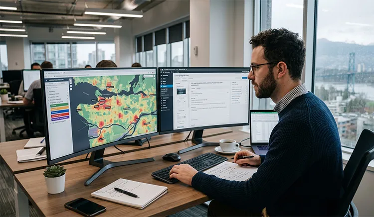 A specialist reviewing a geographic heat map of Vancouver alongside a landing page builder