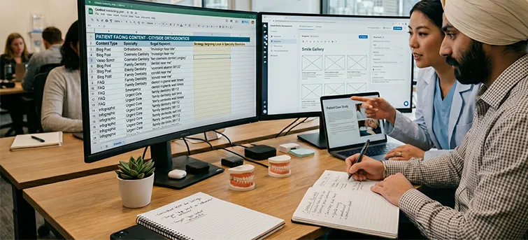 Two clinicians planning patient-facing content against a keyword strategy spreadsheet