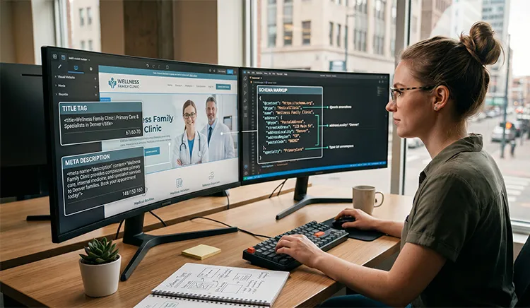 A developer editing a clinic's title tags, meta description and medical schema markup