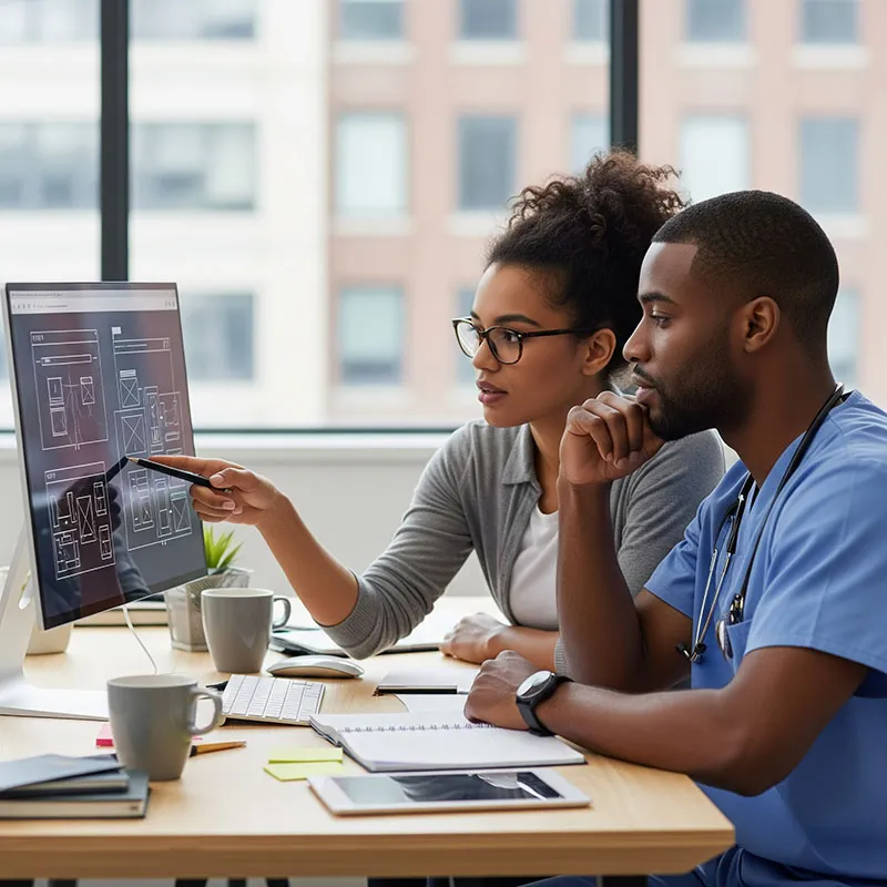 A designer and a clinician reviewing website wireframes together on screen