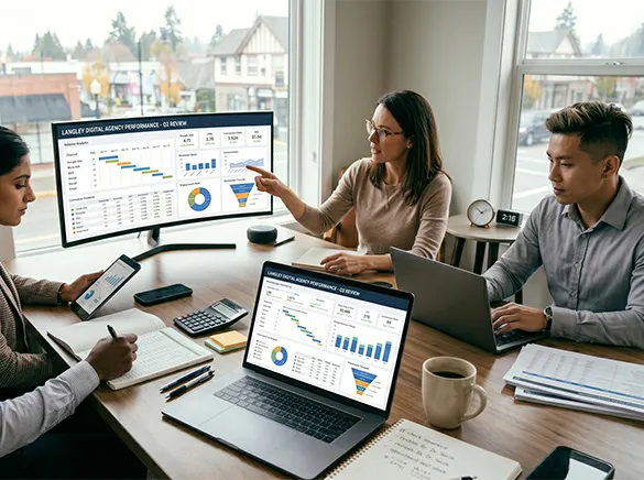 A team reviewing a quarterly campaign performance dashboard on screen