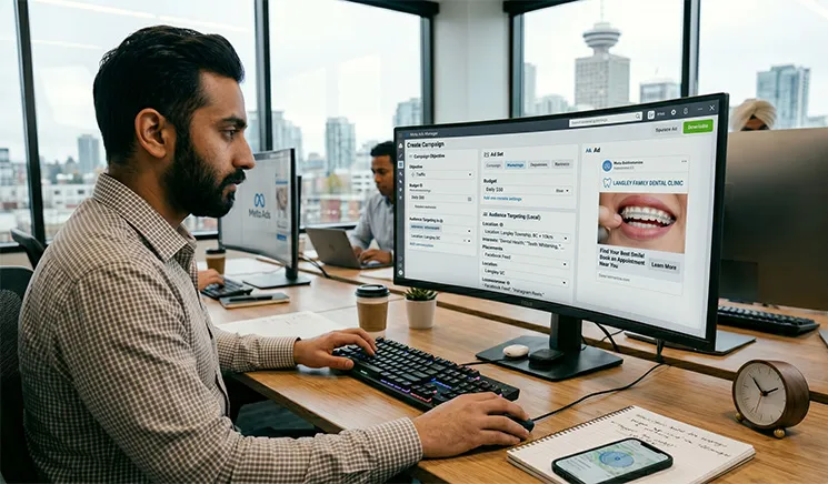 A specialist building a locally targeted Meta ad campaign for a dental clinic