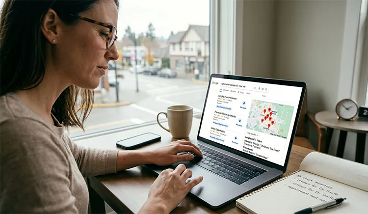 A patient searching for a local optometrist and seeing the Google map pack of nearby clinics