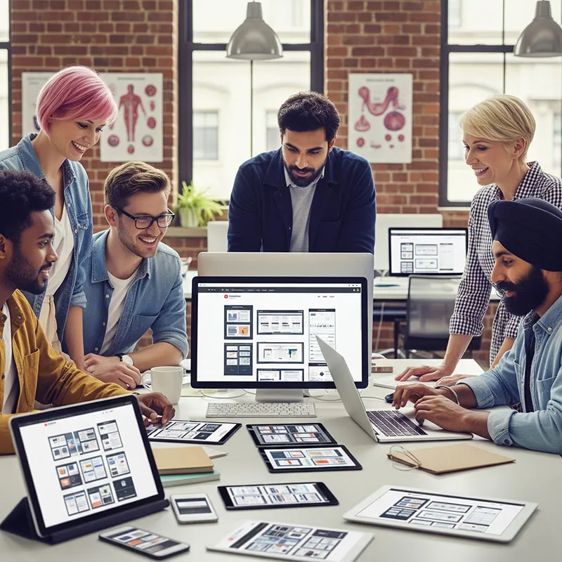 A design team reviewing healthcare page layouts across desktop, tablet and phone