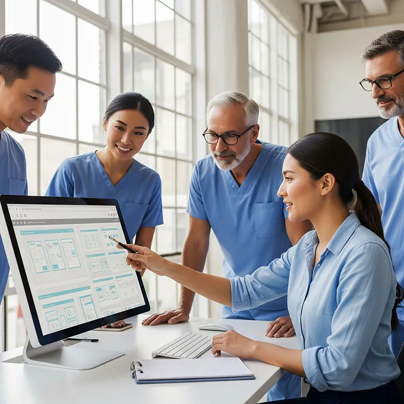 Clinic staff reviewing their new website layouts with a designer