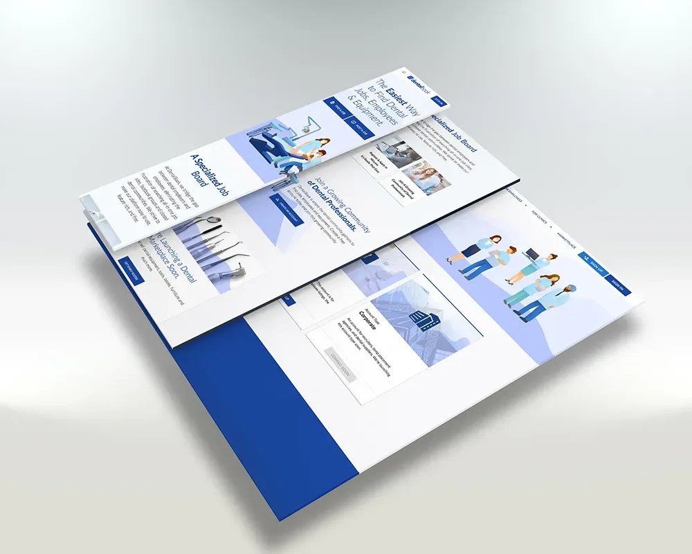 Two full page layouts for DentalBook, a dental jobs and equipment marketplace, shown stacked at an angle